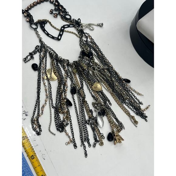 Black and Silver Rhinestone Bib Dangling Chain Charms Fringe Statement Necklace - Picture 8 of 9
